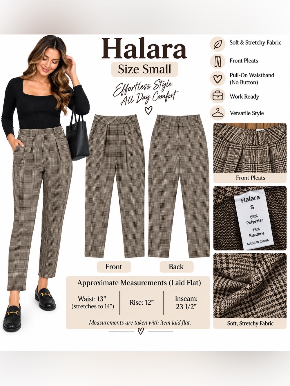 Halara Plaid Houndstooth Slim Straight Ankle Work Pants Brown Small